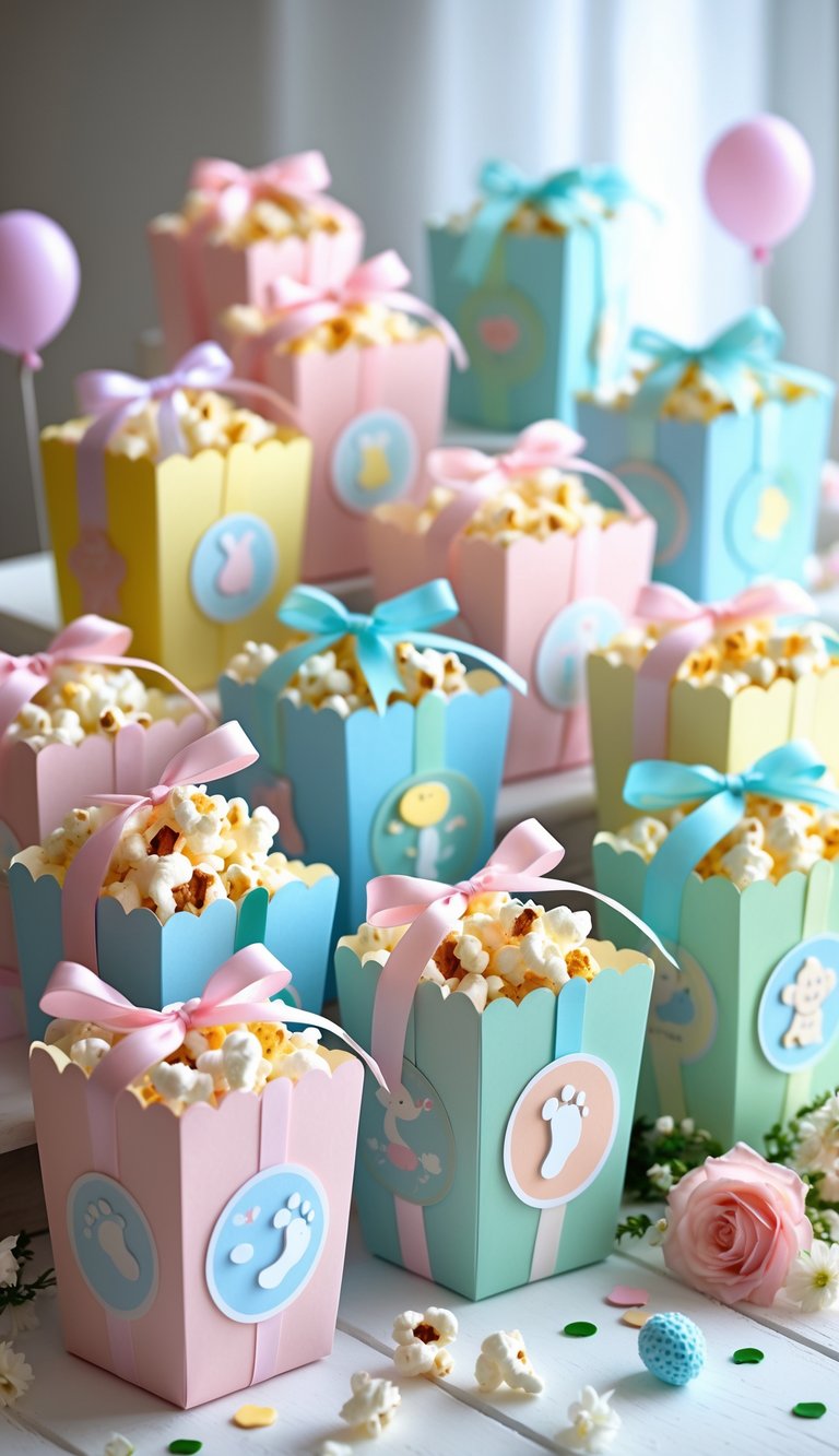 Thirteen decorated popcorn gift boxes arranged on a table as baby shower party favors with pastel colors and baby-themed decorations.
